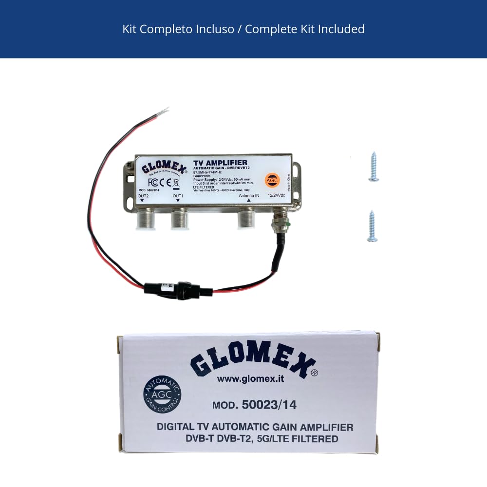 Glomex – Amplificatore TV/FM con Controllo Guadagno Automatico (AGC) 12/24Vdc, Modello 50023/14 – 2 Uscite, per Antenne TV Non Pre-Amplificate, Per barche a vela, motore, gommoni, yacht