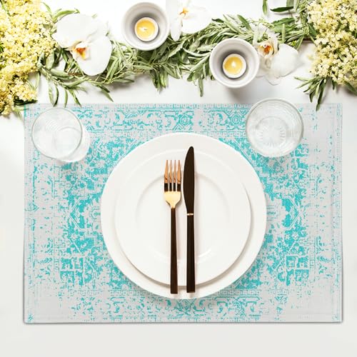 Image of Gray Aqua Turquoise Boho Placemats Set of 6 Ethnic Bohemian Carpet Place Mats Washable Kitchen Dining Vintage Grey Floral Linen Table Mats Stain Heat-Resistant for Home Party Indoor 12x18 in