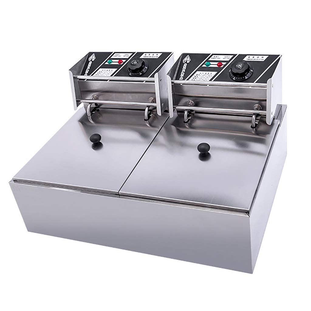 Freidora eléctrica comercial de 12 l con doble tanque y cesta doble para encimera, de acero inoxidable resistente, para restaurante (55 x 44 x 31 cm)