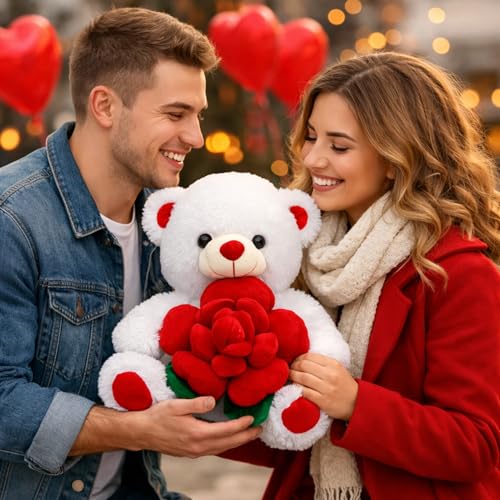 BEJOY Teddy Bear Stuffed Animals Plush Bear Holding Rose Soft Plush Toy Gifts 16 inches White - Image 4