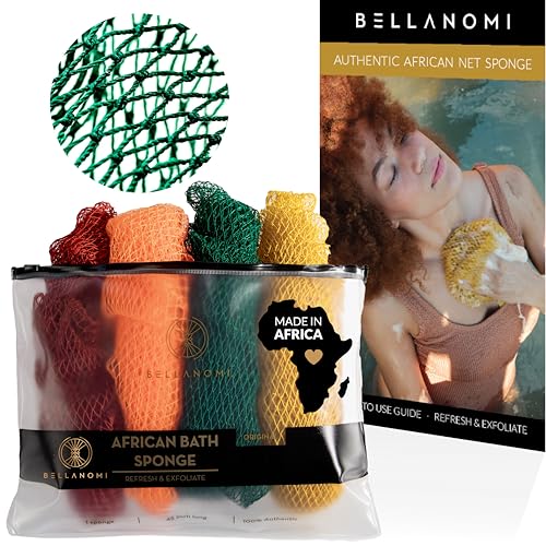 BELLANOMI 4 Piece African Exfoliating Net Sponge Long African Bath Sponge Authentic Ethically Sourced from Nigeria Great for Daily Use Copper Brown Orange Green Yellow product thumbnail 8