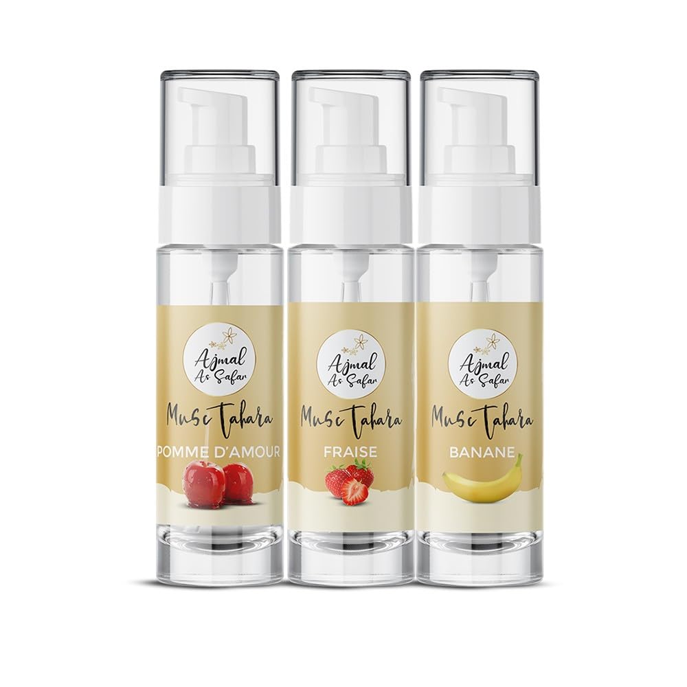 Musc Tahara Aromatized Pack Mela d'Amore Fragola Banana Ajmal As Safar® - Set di 3 muschio bianco intimo, 5 ml