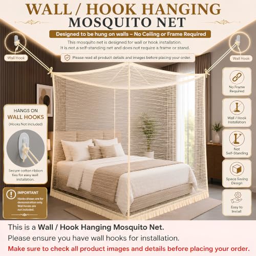 Image of Mosquito Net for King Size Bed & Double Bed, 6x7 ft, Wall /Hook Hanging, Premium Poly-Cotton Blend Fabric Foldable Machhardani (Pastel Cream)