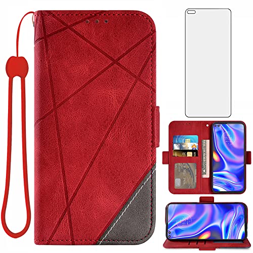 Asuwish Compatible with Moto One 5G/One5G UW/Moto G 5G Plus Wallet Case and Tempered Glass Screen Protector Leather Flip Cover Card Holder Stand Cell Phone Cases for Motorola 1 One Lite XT2075-1 Red
