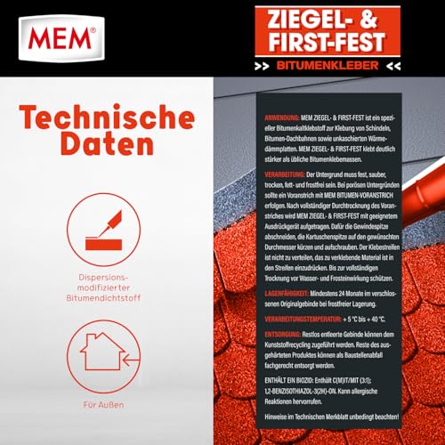 MEM Ziegel- und Firstfest, Lösemittelfreier Bitumenkaltklebestoff, Besonders hohe Klebkraft, Für Schindeln und Bitumen-Dachbahnen, Dunkelbraun, 445 g