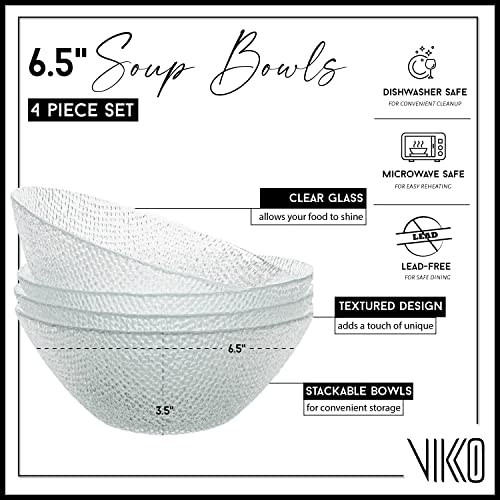 Vikko Soup Bowl, Set Of 4 Glass Bowls, 6.5 Inch Salad Bowls, Elegant Textured Glass Design, Stackable Glass Bowls, Dishwasher Safe #TOP5