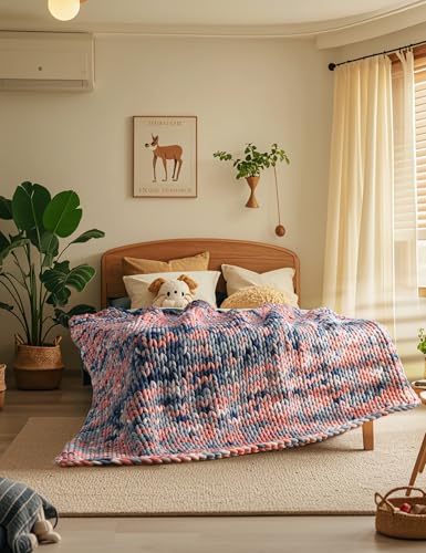 YnM Weighted Blanket, Handmade Chunky Knitted Design, Soft and Cozy, Temperature Regulating and Breathable, Machine Washable Throw for Sleep or Home Decor (Pink Sky Tie-Dyed, 40x50 Inch, 7lbs)