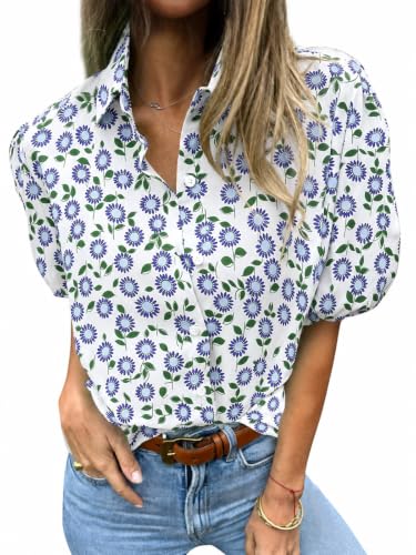 Image of Tankaneo Womens Button Down Shirts Puff Sleeve Tops Summer Cotton Blouses | Loose Fit, Boxy, Dressy Casual, Collared, Short Sleeve, Solid Color, Striped, Plaid, Polka Dots