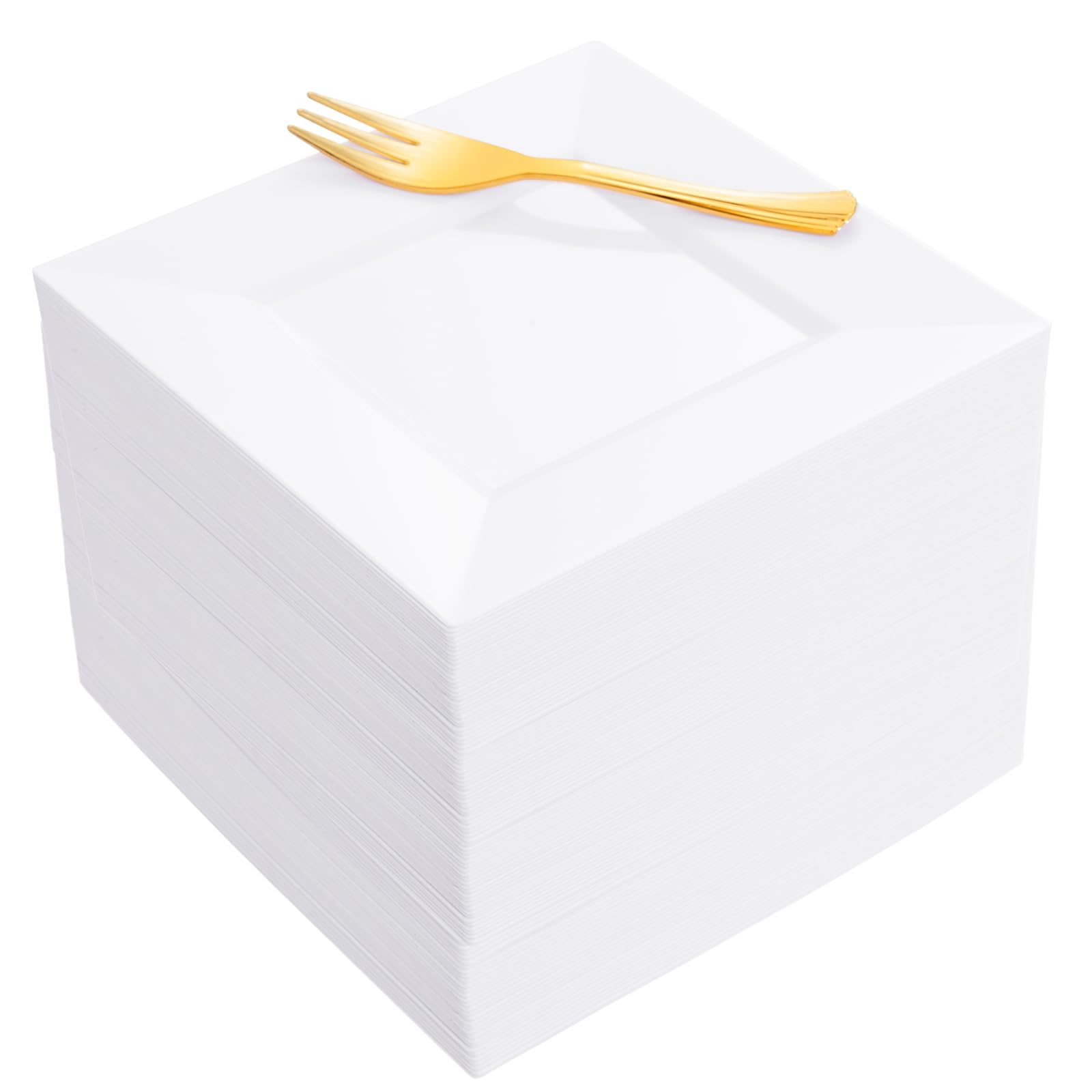 Photo 1 of 200 Pcs Elegant Square White Plastic Dessert Plates & Gold Forks Set - 100 Disposable Appetizer Plates and 100 Forks Combo - 6.5" Heavy Duty Cake Plates for Wedding, Party & Catering - BPA-Free