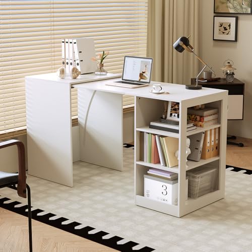 Huisenitre 58' Office Desk with Pull Out Table on Hidden Wheels, Computer Desk with 3-Tier Open Shelves, Folding Table, Standing Desk, as Kitchen Island, Bar(White)