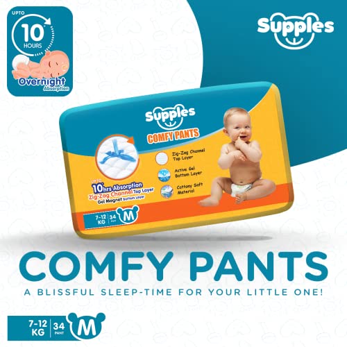 Image of Amazon Brand - Supples Comfy Diapers, Medium (M), 34 Count, 7-12 Kg, 10 hrs Absorption and Cottony Soft Material Baby Diaper Pants