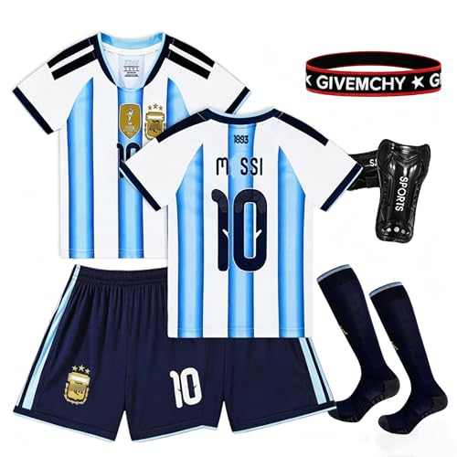 Viilich Leo #10 Nuevo 2026 Camiseta de fútbol para niños, pantalones cortos, calcetines, espinilleras, diadema, juego de tallas juveniles, talla 26