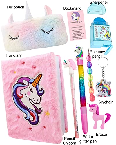 Le-Delite-unicorn-fur-diary-for-girls-furry-notebook-for-girls-with-fur-pouch-gel-pen-bullet-pencil-erasersharpenerkeychain-pack-of-9-unicorn-combo-gift-for-girls-kids-Fur-combo