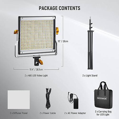 Neewer 2 Packs Dimmable Bi Color 480 LED Video Light Kit, 3200~5600K CRI 96+ LED Panel with U Bracket, 75 inches Tripod Light Stand for YouTube Recording Studio Photography Streaming Key Lighting