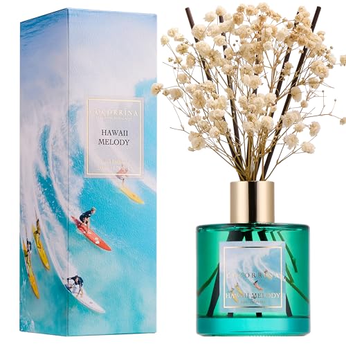 Image of COCORRINA Reed Diffuser - Hawaii Melody 6.7 Fl.oz Reed Diffuser Set with 8 Sticks & Preserved Baby's Breath, Reed Diffuser for Home Bathroom Shelf Decor