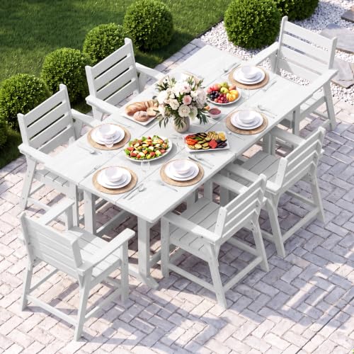 Image of 8 Piece Patio Dining Set, HDPE All-Weather Furniture with 6 Chairs & 2 Square Table, for Backyard, Garden, White