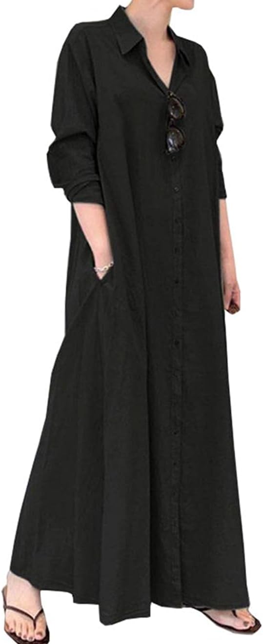 Cotton Linen Shirt Dress for Womens Button Down Maxi Blouse Dress Casual Loose Long Sleeve Abaya Dress with Pockets