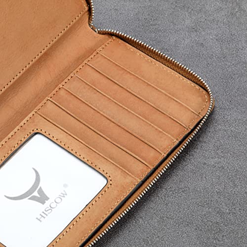 Image of HISCOW Leather Checkbook Cover, Zippered Wallet, Aniline Leather Tan | Full grain cowhide, 5cc & ID window, personal check book & register pockets, removable duplicate divider, women secure zipper