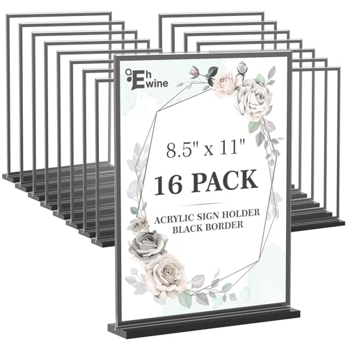 EHWINE 16 Pack Acrylic Sign Holder 8.5 x 11, Double-Sided Tabletop Black Sign Holder, Clear Acrylic Picture Frame Menu Flyer Paper Holder Display Stand for Home Wedding Party (with Non-Slip Pads)