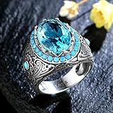 Rings Type:Wedding Bands DJMJHG Silberring für Männer mit Oval Blau Zirkon Stein Ring Aquamarin Edelstein Schmuck Männlich Thai Silber Türkischer Schmuck 10 Weiß