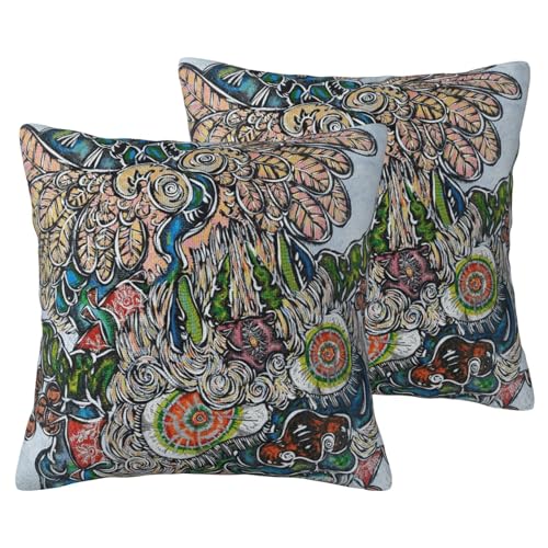 小松美羽 (8) 麻風クッションカバー 2 個セット ポリエステル製 ギフト ベッド用 カスタマイズ可 両面プリント