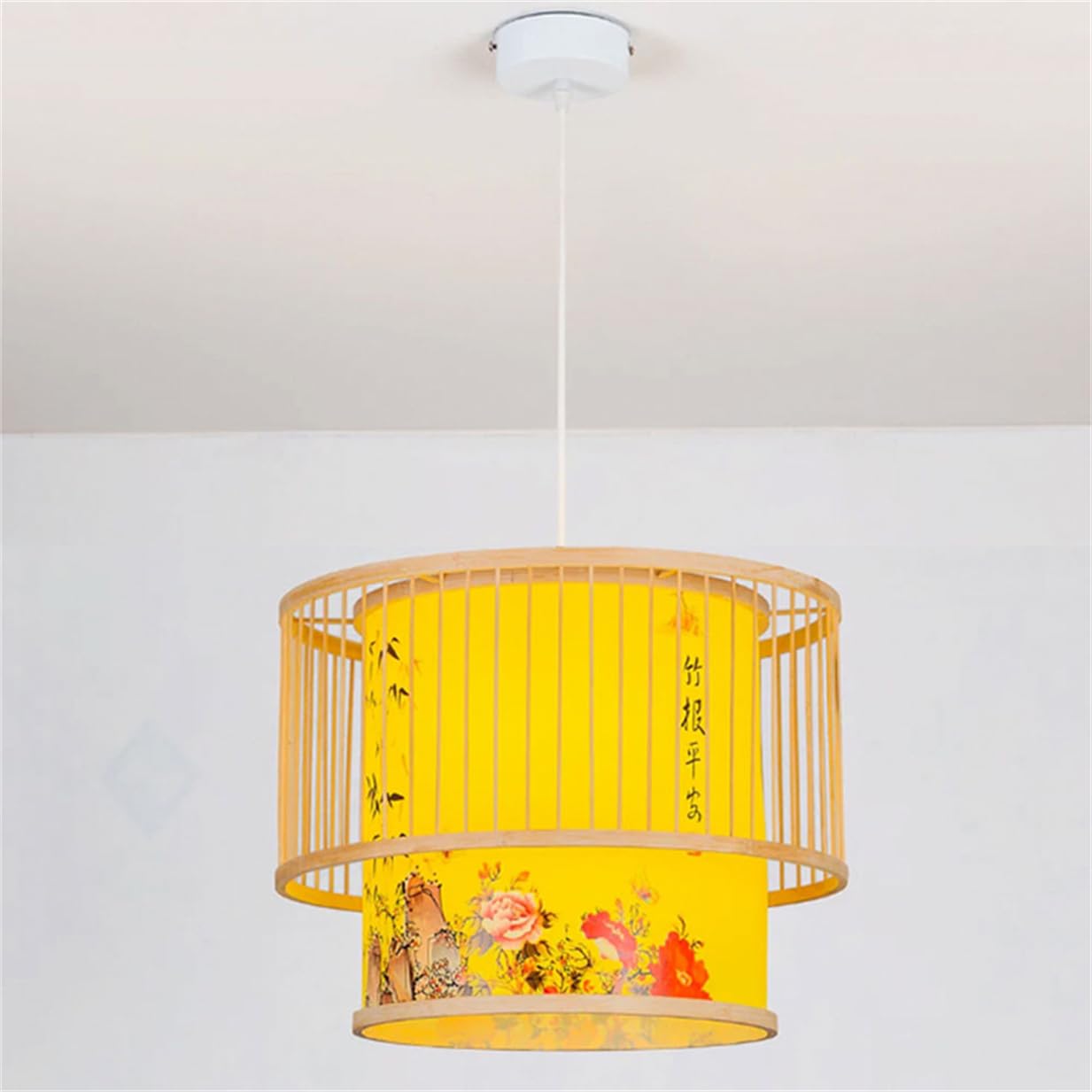 LQZCXMF Restaurant Zen Style Chandelier 1-Lights Boho Bamboo Cage Lantern 15.7" Rustic Bamboo Basket Farmhouse Light Fixtures Natural Wicker Lamp Shade for Bedroom, Dining Living, Entryway, Foyer