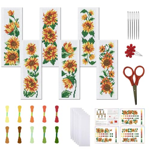 Image of FREEBLOSS 6 Set Sunflower Cross Stitch Bookmark Kits DIY Bookmarks Cross Stitch Kits Stamped Embroidery Bookmarks for Beginners Cross Stitch Projects for Book Lovers Embroidery Stitches Kit