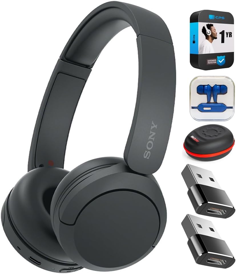 Sony WHCH520/B Wireless Headphones with Microphone Black Bundle with Mizco Travelocity in-Ear Headphone (Colors May Vary), Headphone Case, 2X Converter Adapter and 1 YR CPS Enhanced Protection Pack