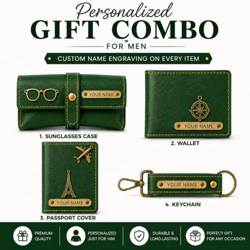 Image of Personalized Gift Set for Men | Customized Wallet, Passport Cover, Keychain & Sunglass Cover with Name | Birthday, Anniversary & Wedding Gift