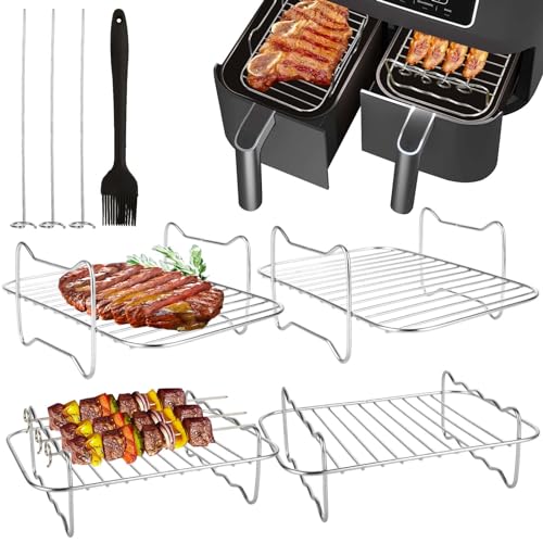 YOUNTHYE 14PCS Air Fryer Rack, Stainless Steel Air Fryer Grill Rack with 8 Skewers and 2 Brushes, Double Layer Air Fryer Racks Compatible with Ninja Foodi Air fryers