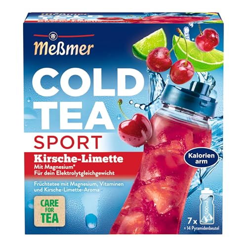 Meßmer Cold Tea Sport Kirsche-Limette | Früchtetee | Kaltaufguss mit Magnesium | ohne Zuckerzusatz | 14 Pyramidenbeutel