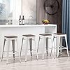 Alunaune 24" Metal Bar Stools Set of 4 Industrial Backless Counter Height Barstools Kitchen Patio Stool Stackable with Wooden Seat- White