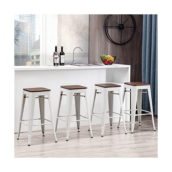 Alunaune 24" Metal Bar Stools Set of 4 Industrial Backless Counter Height Barstools Kitchen Patio Stool Stackable with Wooden Seat- White