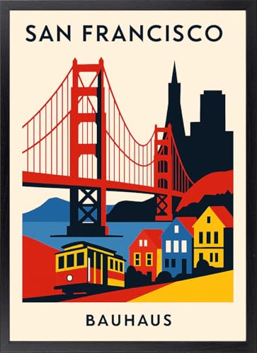 Tableau San Francisco Golden Gate style Bauhaus avec cadre bois pour décoration moderne