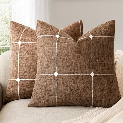 Image of Foindtower Pack of 2 Decorative Faux Linen Jacquard Check Throw Pillow Covers Farmhouse Cushion Cover with Grid Textured Accent Pillowcase for Couch Sofa Living Room Home Decor,16x16 Inch,Orange Brown