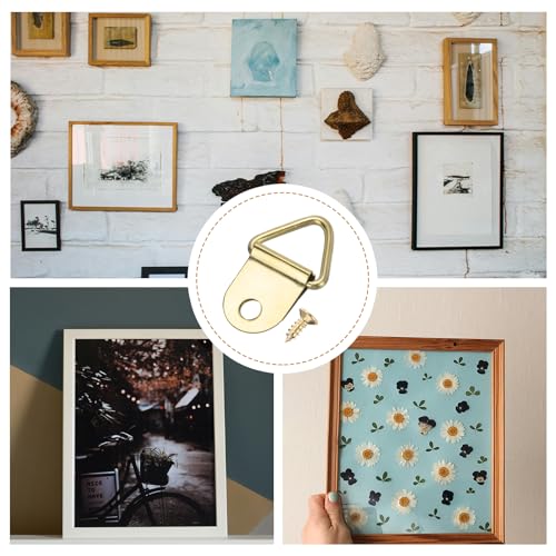 Image of uxcell 100Pcs Triangle Ring Iron Picture Hangers with Screws, Single Hole with Screw Small Decor Hooks for Hanging Picture Clock, Paintings Artwork Picture Frame Hook Photos Gold