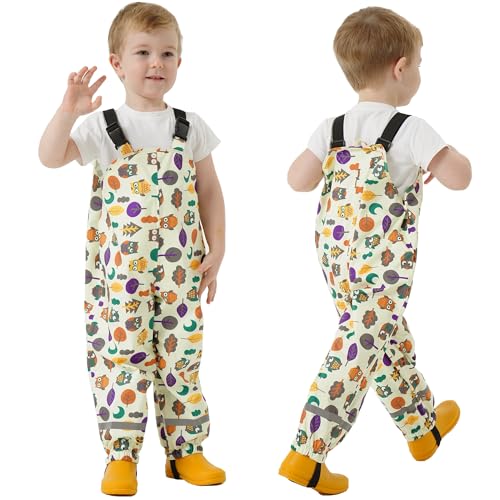 Toddlers Waterproof Rain Bib Pants, Boys Rain Pants Kids Cartoon Rain Trousers Lightweight Mud Pants Rainwear
