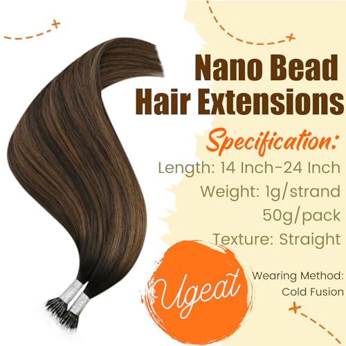 Ugeat Dark Brown Nano Hair Extensions Human Hair Balayage Medium Brown Nano Bead Hair Extensions Human Hair Balayage 14 Inch 50g 50s #2/6/2 - Image 2