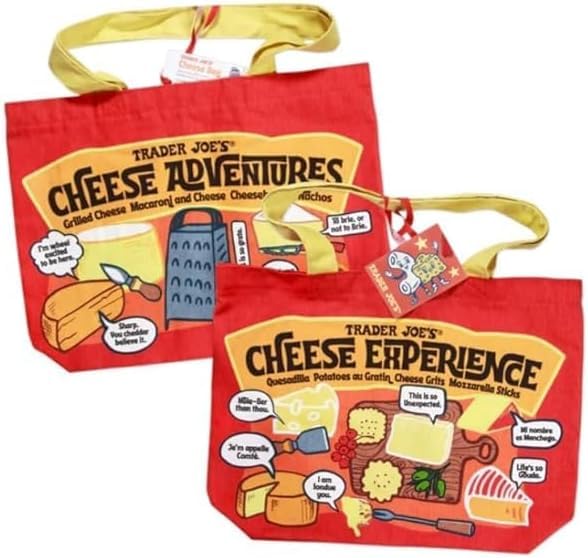 2 Pack Trader Joe's Cheese Adventures Reusable Shopping Tote Bag, Red and Yellow, Limited Edition New