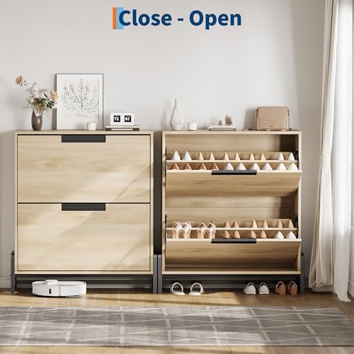 GarveeHome Shoe Storage Cabinet with 2 Flip Drawers, Freestanding Shoe Organizer with Metal Legs, Narrow Shoe Rack Cabinet for Entryway, Foyer, Hallway, Living Room, Oak