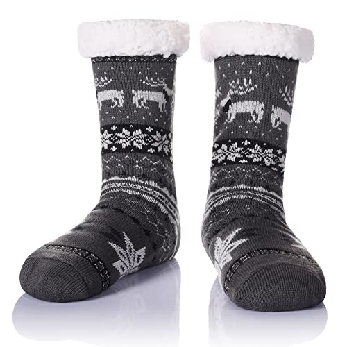 WEVIAS WEVIAS Men's Fleece Lined Cozy Extra Thick Slipper Socks - Non-Slip Fuzzy Home Sleeping Stockings (Grey Deer)