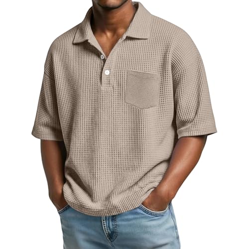 Camiseta tipo polo de punto de manga corta para hombre, ligera, informal, cuello con botones, caqui, XXL