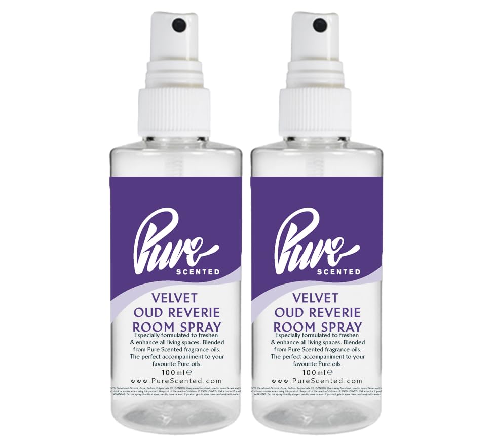 "Pure Scented 200ml Room & Fabric Sprays 2 x 100ml Suitable For Home, Car, Caravan, Work, Gym Bags, Odour Eliminators (2 x 100ml, Velvet Oud Reverie)"