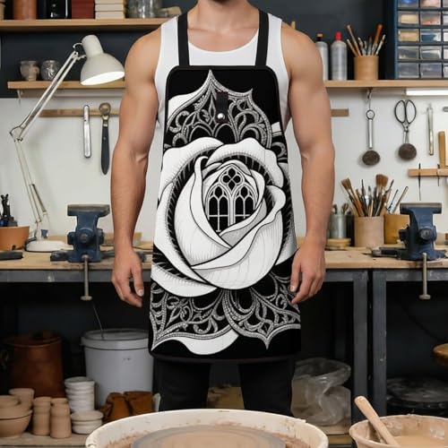 Delantal de trabajo floral negro y blanco con 8 bolsillos miniatura 4