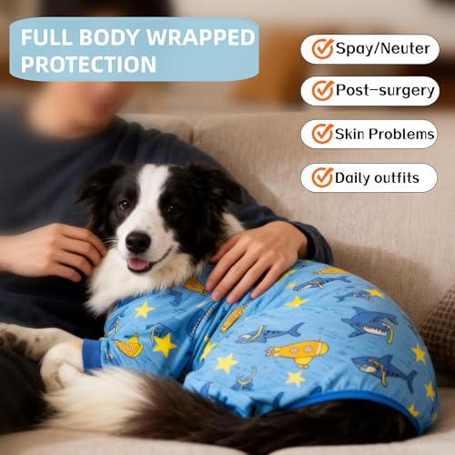 Image of Recovery Suit for Dogs Full Zipper, Four-Legged Onesie Dog Recovery Suit After Surgery, Cute Soft Bodysuit Cone Alternative Male Female Dog Neuter Anti Licking Wounds, Ocean, Large