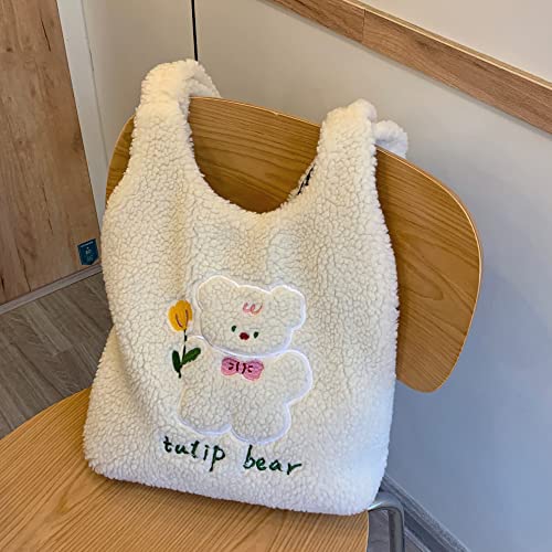 MEGAUK Women Faux Fur Tote Bag Girls Cute Bear Fluffy Shoulder Bag Plush Bag For Shopping Dating, White Lamb Velvet Tulip Bear - Image 2