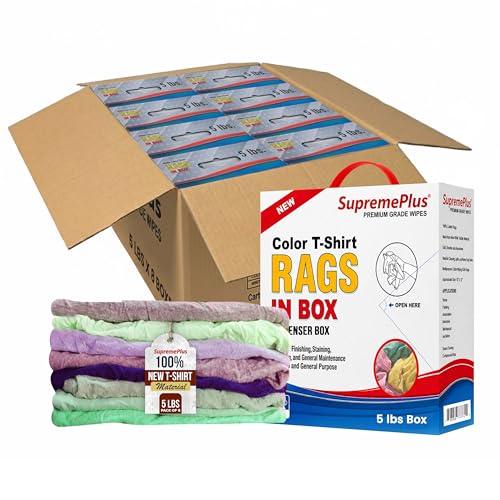 Image of New Colored Cotton Knit T-Shirt Rags, 5 lb Box, Pack of 8, Multipurpose Cleaning Cloths for Oil, Grease, Spills & Equipment, Washable Shop Rags Bulk for Industrial & Commercial Use (CBX)