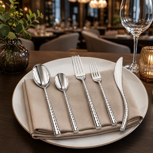 Image of 30-Piece Stainless Steel Hammered Cutlery Set for 6 Persons | Premium Mirror Finish Flatware Set | Spoon Fork Knife Set | Dining Table, Home, Restaurant & Gifting