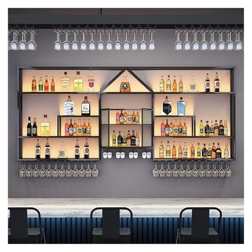 Qxgylz Botellero De Metal con Portavasos, Estantes Flotantes De La Unidad De Barra, Botellero Vino Pared Mueble Bar Garrafeira De Vino, Decoración para El Hogar, Bar(Black,220x130x20cm)