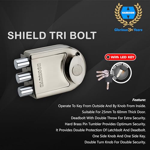 Image of Harrison Main Door Lock Hinge Free / 1 Sheild Tri Bolt Lock 0586 SS Finish 4 Computerised Key with 4 Hinge 0839 Ss Finish and Key Ring /Mild Steel Material /Door Lock, Rim Lock, Tri Bolt Lock